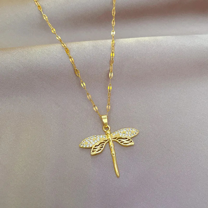 Chokers DIEYURO 316L Stainless Steel Personality Dragonfly Pendant Necklace For Women Fashion Girls Clavicle Chain Party Jewelry Gifts 231006