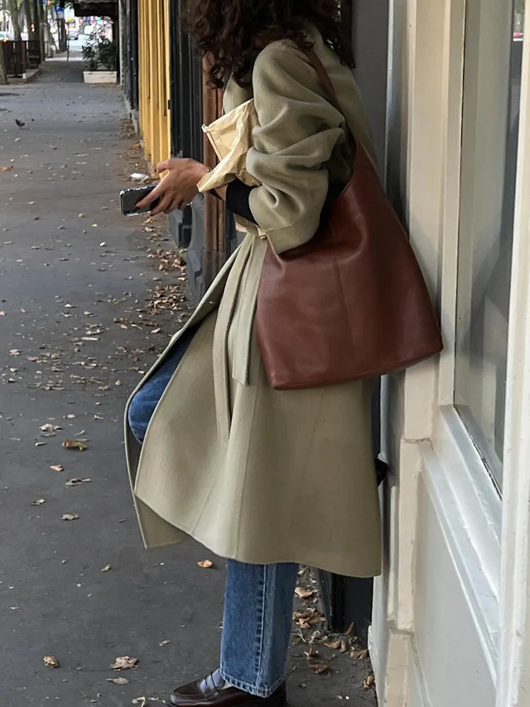 Women's Wool Blends Autumn Winter Long Woolen Jacket for Women Korean Style Solid Color Long Sleeve Overcoat Casual Lace-up Woolen Coat Vintage 2