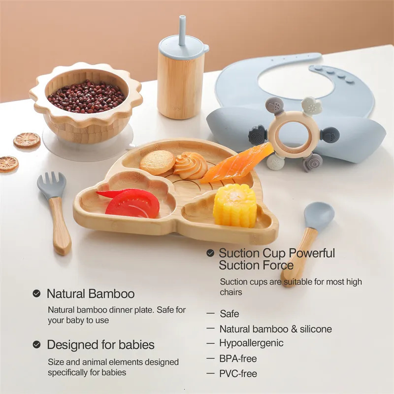Cups Dishes Utensils 7pcs Silicone Baby Feeding Set Baby Feeding Supplies Kids Bamboo Dinnerware With Cup Children's Dishes Bowl Stuff Tableware 