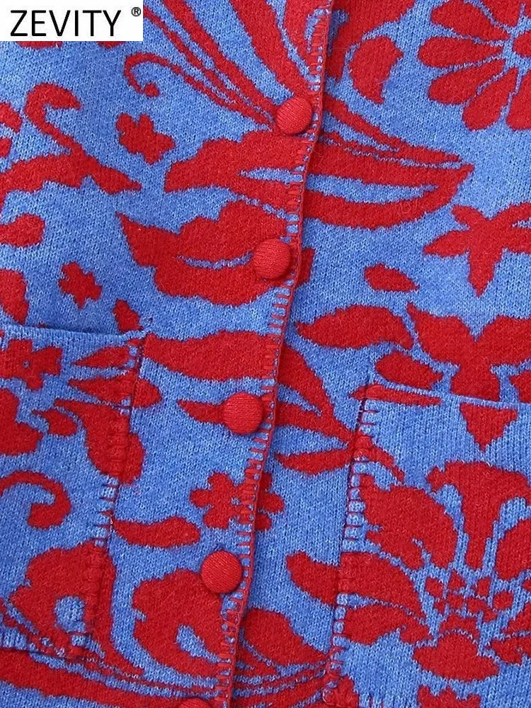 Women's Knits Tees Zevity Women Vintage O Neck Flower Jacquard Knitting Sweater Female Chic Long Sleeve Double Pockets Cardigan Coats Tops CT3000