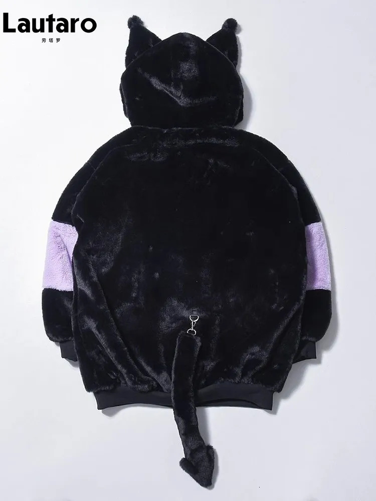 Women's Fur Faux Fur Lautaro Autumn Winter Oversized Color Block Faux Fur Coat Women Harajuku Kawaii Sweet Cute Fluffy Jacket Hoodie with Bunny E