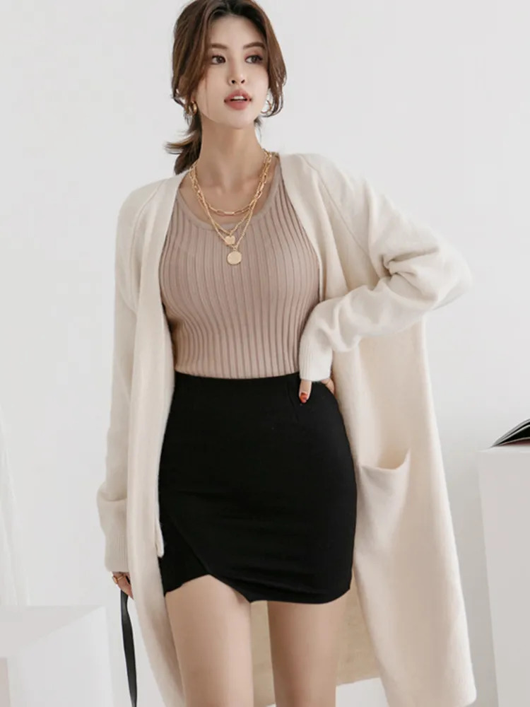 Women's Knits Tees Women Solid Color Loose Thick Warm Sweater Cardigan Pocket Ladies Spring Autumn V Neck Knitted Coat Female Casual Tops C-124 2