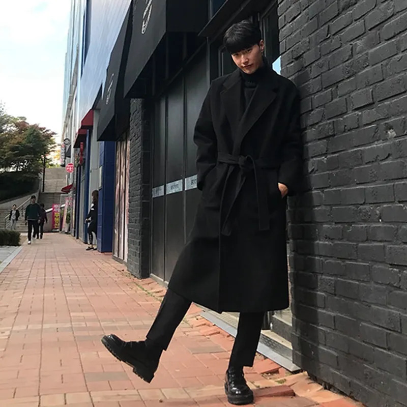 Men's Wool Blends Men Black Wool Blends Coats Vintage Japan Style Loose Sashes Casual Harajuku Outwear Over Knees All-match Thickening Warm Korea