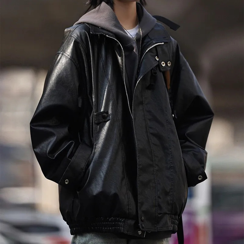 Men's Leather Faux Leather Y2K Street Vintage PU Leather Jacket Men's Autumn and Winter Casual Loose Versatile Stand Up Collar Leather Coat 