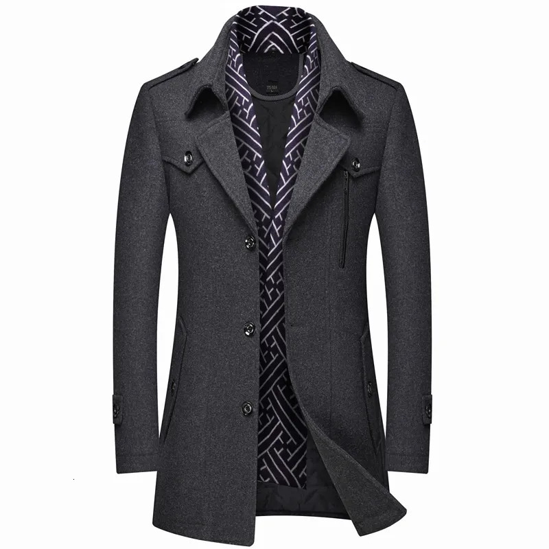 Men's Wool Blends Winter Men's Woolen Coats Fashion Thicken Mid Length Trench Solid Turn Down Collar Warm Outerwear Business Casual Wool Coa