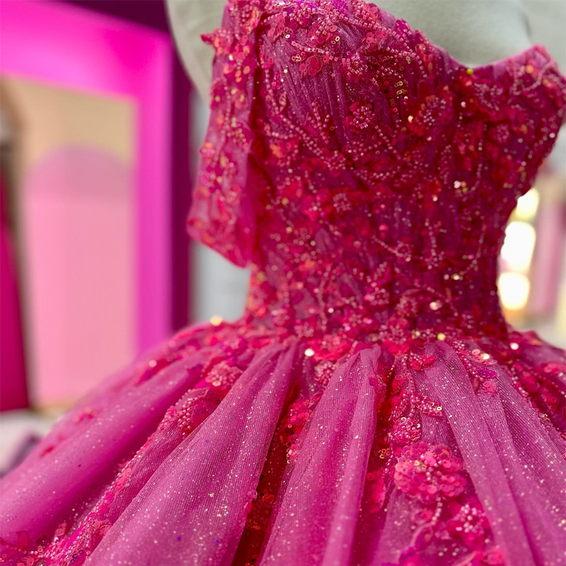 Rose Red Shiny Sweetheart Tulle Off the Shoulder Ball Gown Quinceanera Dresses Appliques wers Beads Sheer Formal Princes
