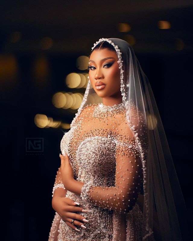 2023 Oct Arabic Aso Ebi Plus Size Champagne Mermaid Wedding Dress For Bride Pearls Beaded Sequined Lace Bridal Gowns Dresses ZJ045