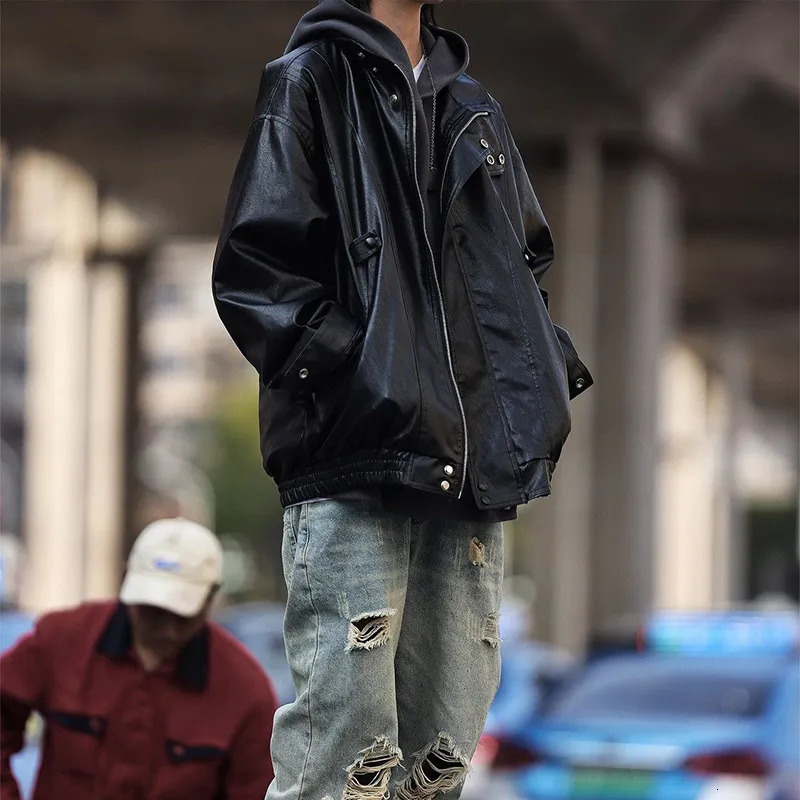 Men's Leather Faux Leather Y2K Street Vintage PU Leather Jacket Men's Autumn and Winter Casual Loose Versatile Stand Up Collar Leather Coat 