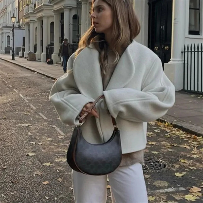 Women's Jackets TRAF White Cropped Jacket For Women Long Sleeve Cardigan Tweed Jacket Woman Fashion Autumn In Coats Y2K Open Short Coats 231006
