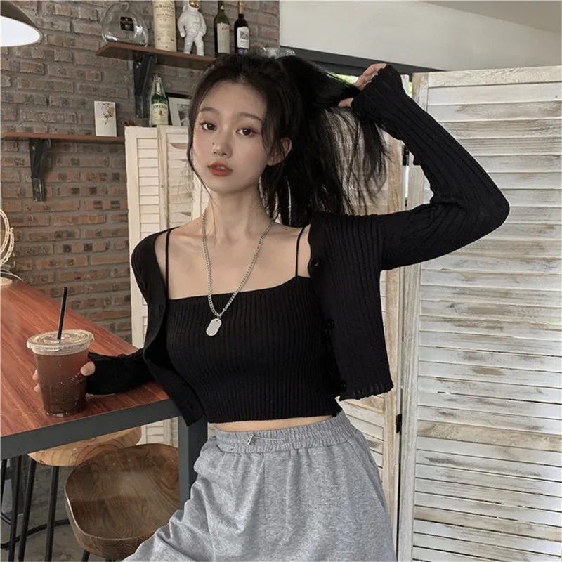 Women's Knits Tees Korean Style Two Piece Set Cardigan Women Sexy Autumn Candy Color Long Sleeve Ribbed Knitted Cropped Sweater and Matching Vest