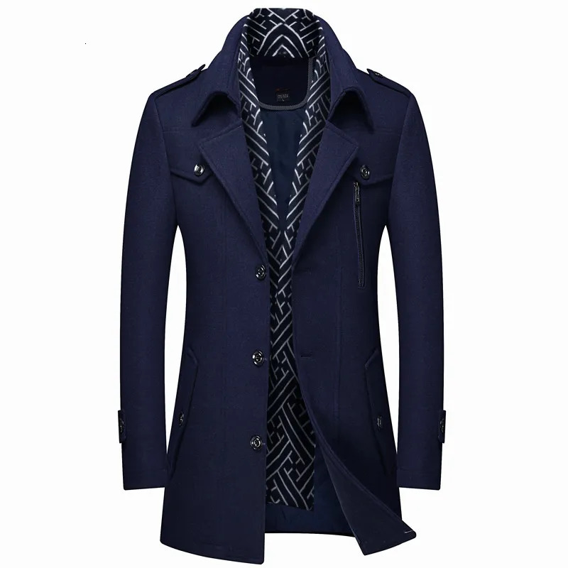 Men's Wool Blends Winter Men's Woolen Coats Fashion Thicken Mid Length Trench Solid Turn Down Collar Warm Outerwear Business Casual Wool Coa