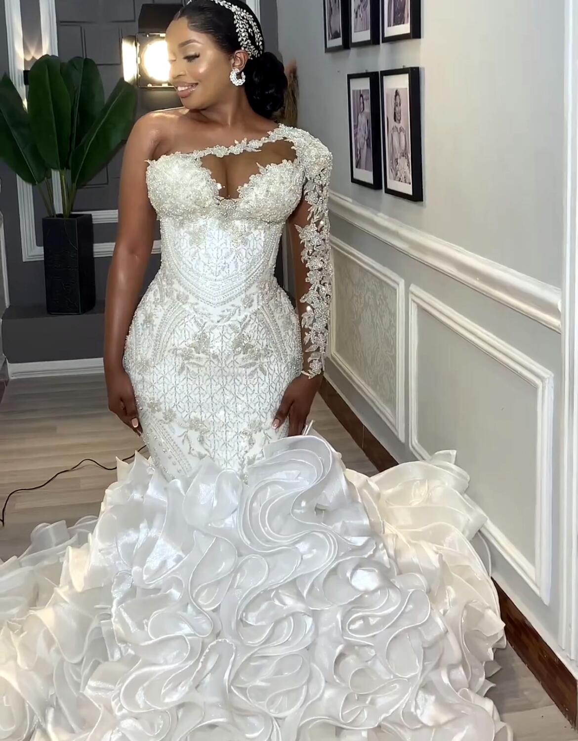 Oct Arabic Aso Ebi Plus Size Mermaid White Wedding Dress For Bride Lace Beaded Tiers Organza Bridal Gowns Dresses Zj Lz0304