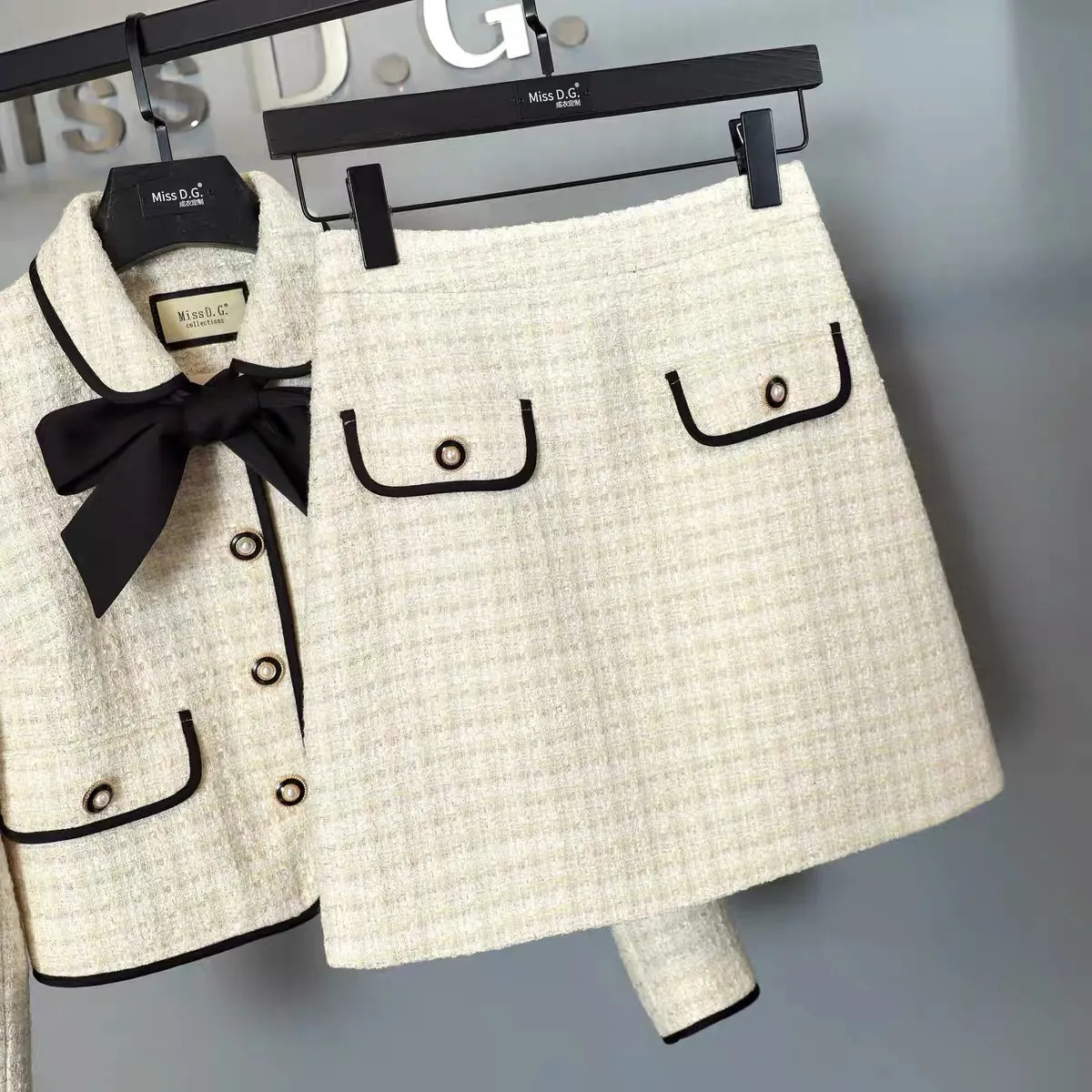 Two Piece Dress Women Tweed White Suit Jacket Coat Top And Skirt Elegant Set Matching Outfit Winter Jacquard Fashion Clothing 231005