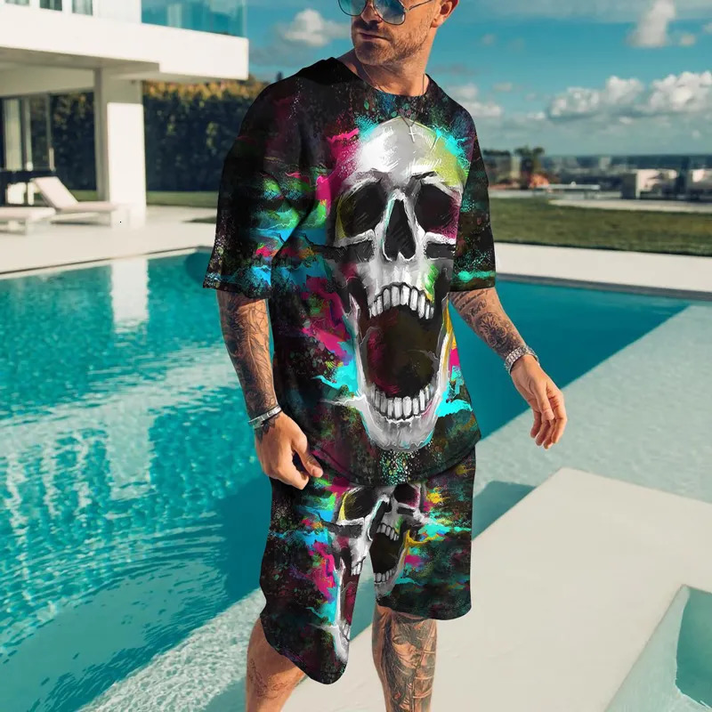 Men's Tracksuits Summer Tshirt Shorts 2 Pieces Set Tracksuit Men's Oversized Clothes Vintage Streetwear Skull 3D Printed Men Sets Short Outf