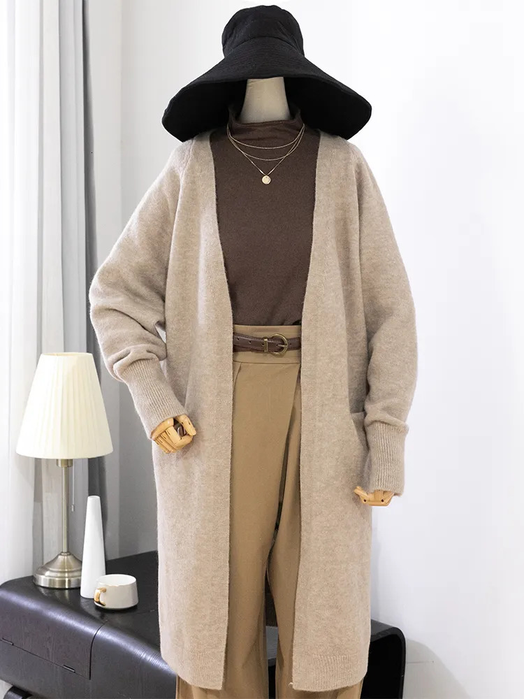 Women's Knits Tees Women Solid Color Loose Thick Warm Sweater Cardigan Pocket Ladies Spring Autumn V Neck Knitted Coat Female Casual Tops C-124 2
