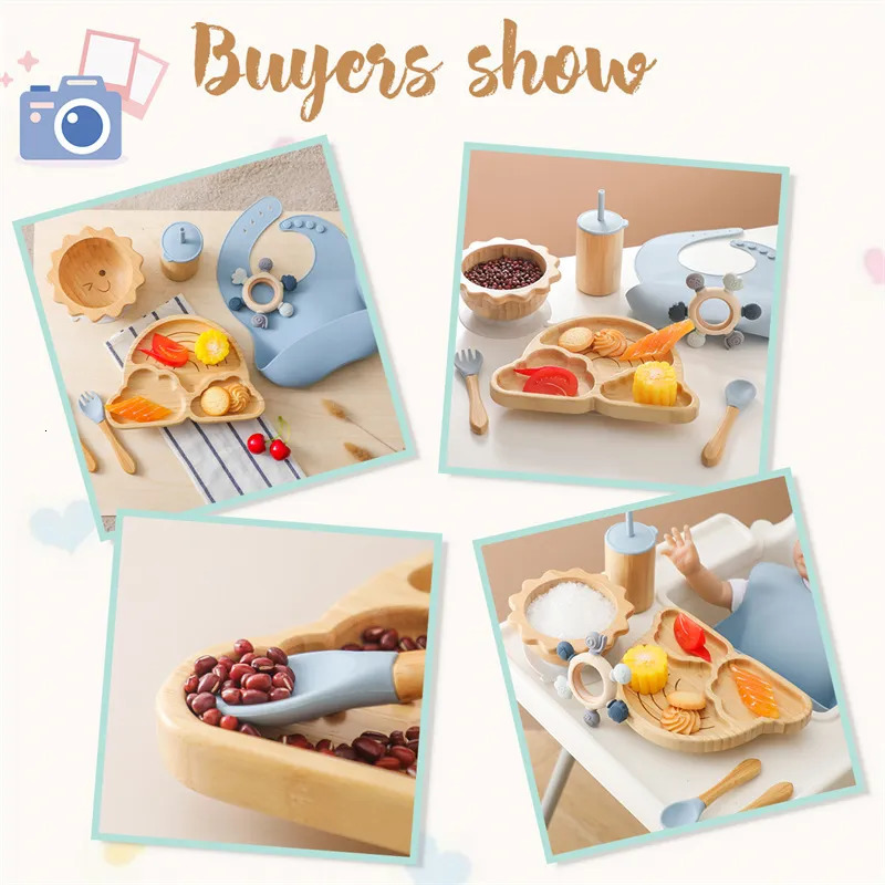 Cups Dishes Utensils 7pcs Silicone Baby Feeding Set Baby Feeding Supplies Kids Bamboo Dinnerware With Cup Children's Dishes Bowl Stuff Tableware 