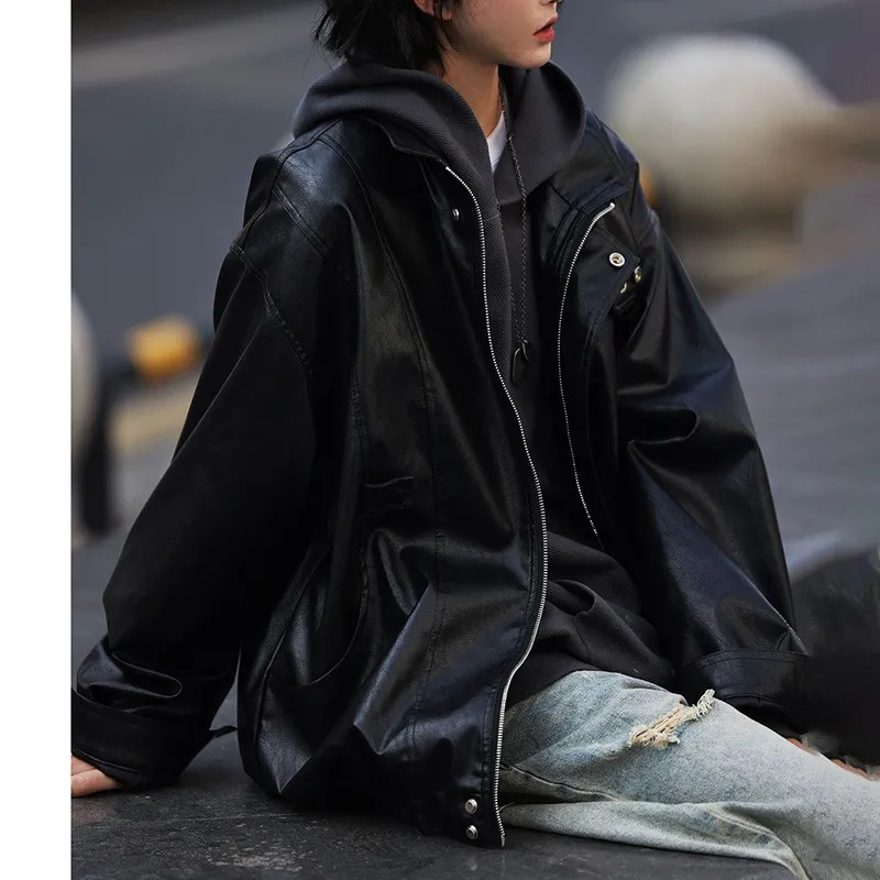 Men's Leather Faux Leather Y2K Street Vintage PU Leather Jacket Men's Autumn and Winter Casual Loose Versatile Stand Up Collar Leather Coat 