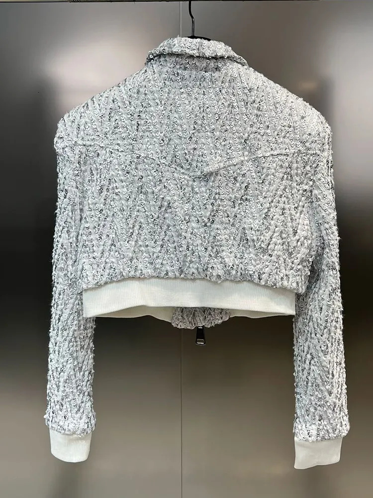 Women's Jackets VGH Solid Patchwork Sequins Loose Coat For Women Lapel Long Sleeve Spliced Zipper Minimalist Tweed Coats Female Fashion Clothes 2