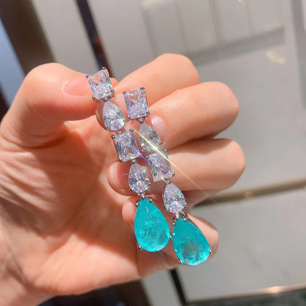 Ear Cuff Trend Vintage Paraiba Tourmaline Emerald Lab Diamonds Drop Long Earrings for Women Elegant Gemstone Party Fine Jewelry Gift 231005