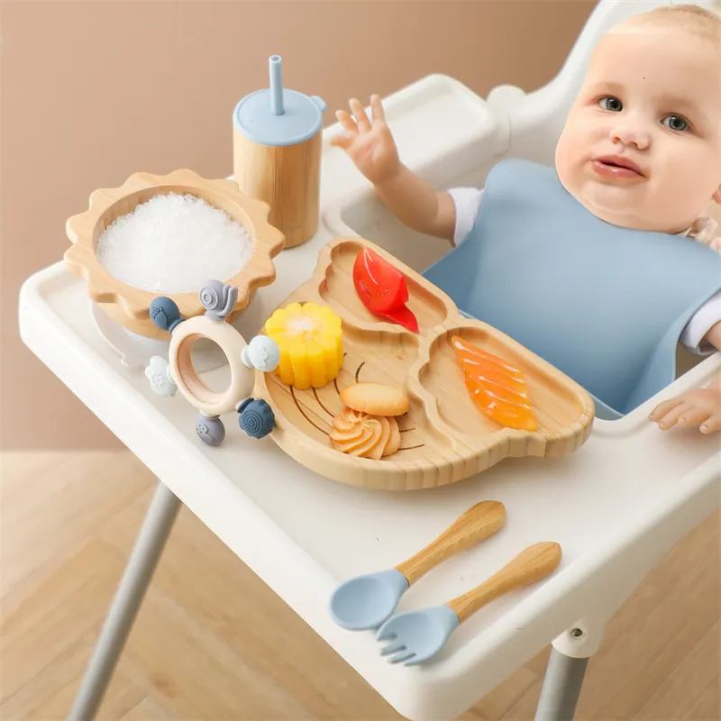 Cups Dishes Utensils 7pcs Silicone Baby Feeding Set Baby Feeding Supplies Kids Bamboo Dinnerware With Cup Children's Dishes Bowl Stuff Tableware 