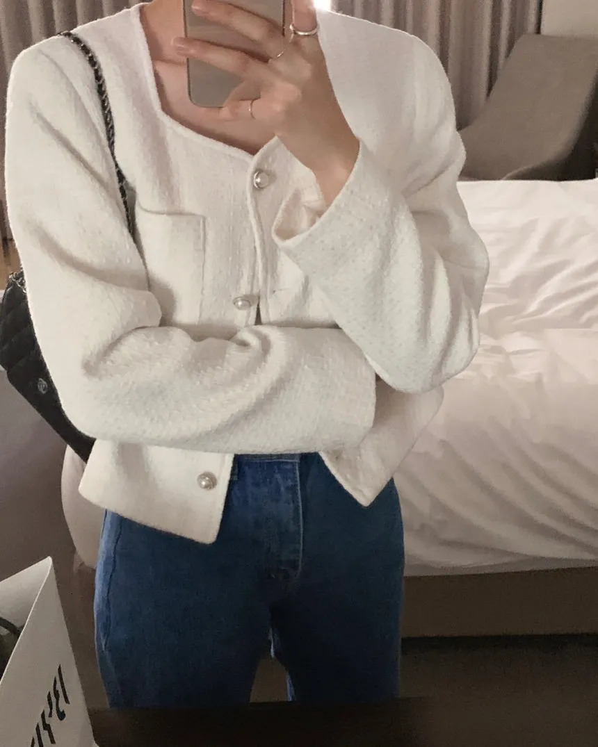 Women's Jackets Korean square neck pearl pocket decoration long sleeved tweed jacket 231006