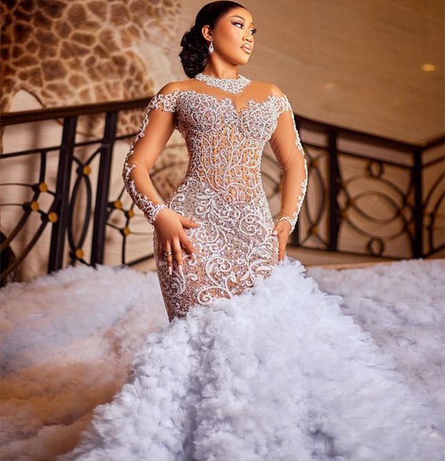 Oct Arabic Aso Ebi Plus Size Ivory Mermaid Wedding Dress For Bride Beaded Lace Tiers Tulle Bridal Gowns Dresses Zj044 Es