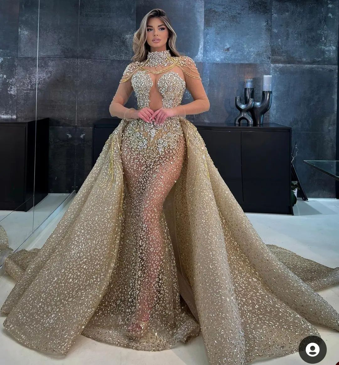 High Neck Elegant Mermaid Wedding Dress Sparking Sequined Saudi Arabic Sleeveless See Through Bridal Gown Custom Made