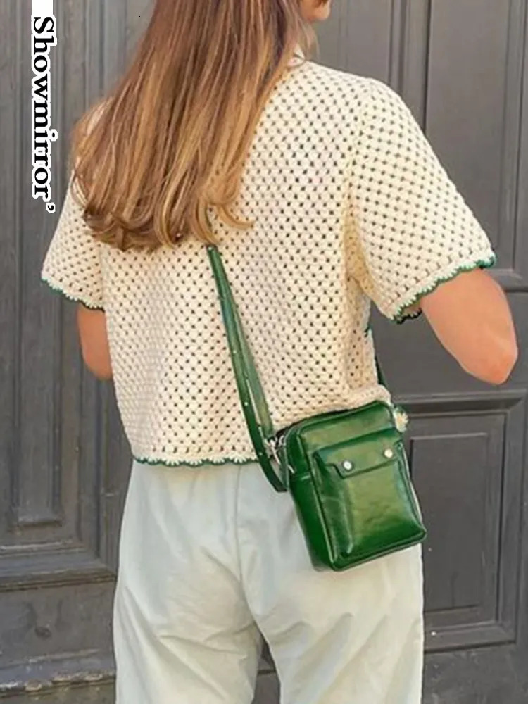 Women's Knits Tees Showmirror Retro Green Stripe Knitted Cardigan Tops Women Button Up Short Sleeve Crochet Blouse Shirts Preppy Style Sweaters Y