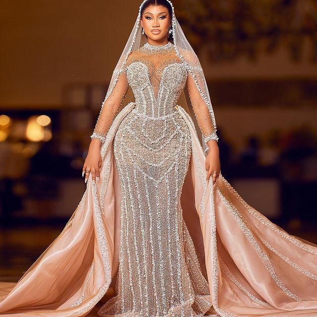 2023 Oct Arabic Aso Ebi Plus Size Champagne Mermaid Wedding Dress For Bride Pearls Beaded Sequined Lace Bridal Gowns Dresses ZJ045