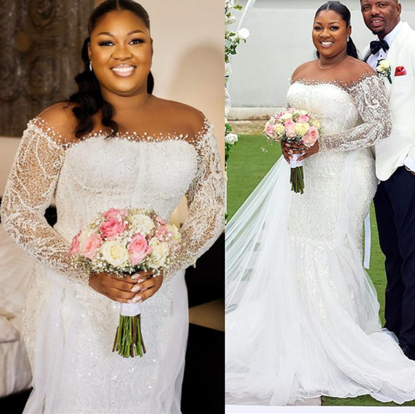 2023 Oct Arabic Aso Ebi Plus Size Mermaid White Wedding Dress Sequined Lace Beaded Bridal Gowns Dresses ZJ4044