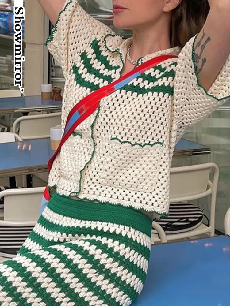 Women's Knits Tees Showmirror Retro Green Stripe Knitted Cardigan Tops Women Button Up Short Sleeve Crochet Blouse Shirts Preppy Style Sweaters Y