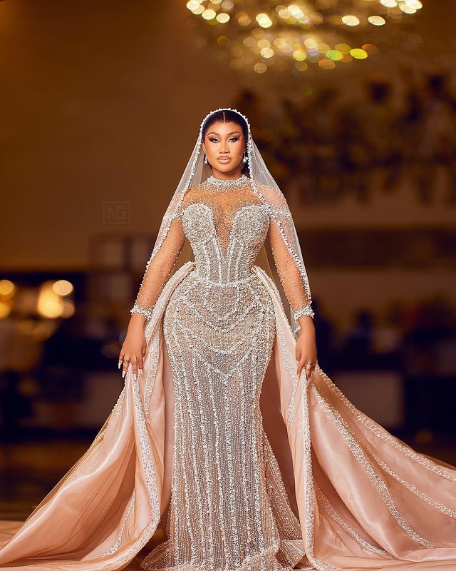 2023 Oct Arabic Aso Ebi Plus Size Champagne Mermaid Wedding Dress For Bride Pearls Beaded Sequined Lace Bridal Gowns Dresses ZJ045