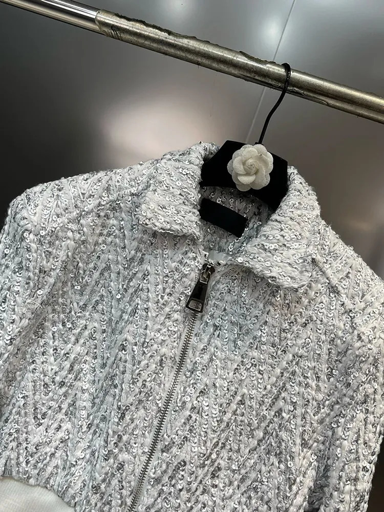 Women's Jackets VGH Solid Patchwork Sequins Loose Coat For Women Lapel Long Sleeve Spliced Zipper Minimalist Tweed Coats Female Fashion Clothes 2