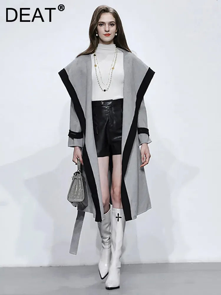 Women's Wool Blends DEAT Fashion Women Woolen Coat Double-sided Long Sleeve Lace-up Waist Contrast Color Elegant Windbreak Winter 13DB3773 231006