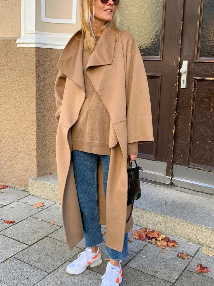 Women's Wool Blends Faux Woolen Coat Women Autumn Winter Long Overcoat Female Elegant Fashion Lapel Maxi Jacket Ladies Vintage Loose Pocket Coats