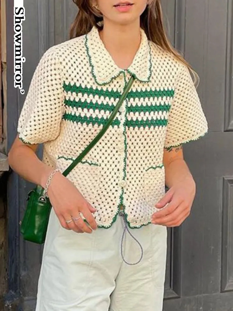 Women's Knits Tees Showmirror Retro Green Stripe Knitted Cardigan Tops Women Button Up Short Sleeve Crochet Blouse Shirts Preppy Style Sweaters Y