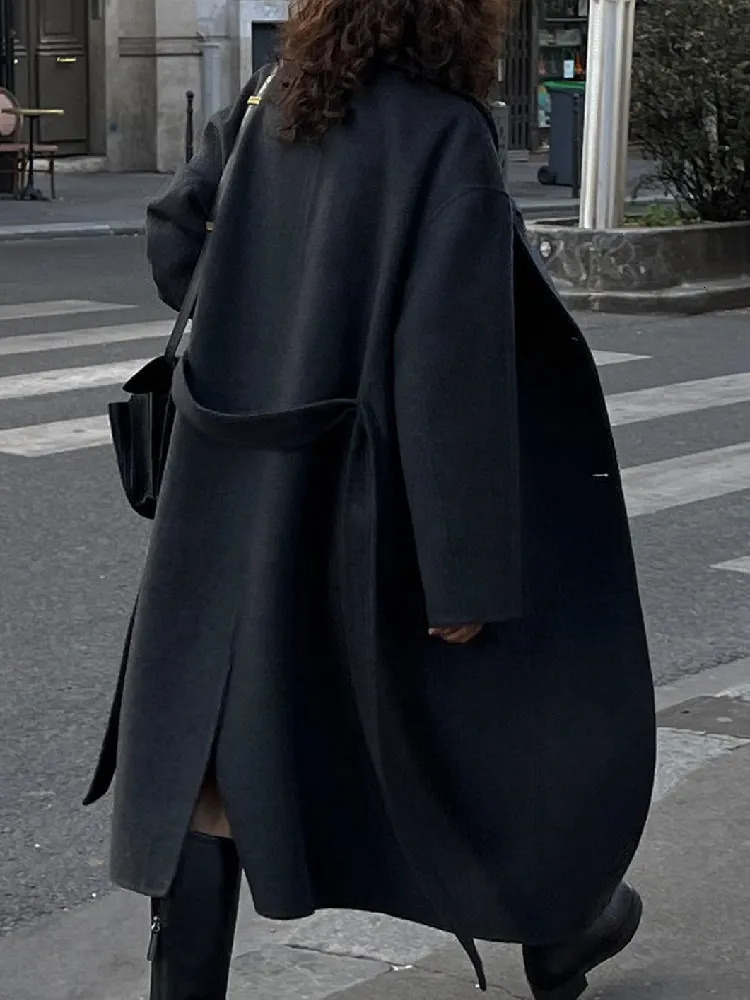 Women's Wool Blends Autumn Winter Long Woolen Jacket for Women Korean Style Solid Color Long Sleeve Overcoat Casual Lace-up Woolen Coat Vintage 2