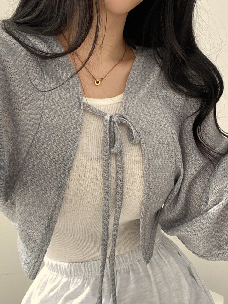 Women's Knits Tees Thin White Cardigan Women Summer Sunscreen Lace-up Knitwear Tops Lady Korean Style Casual Lantern Sleeve Short Sun Protected T