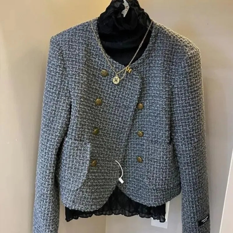 Women's Jackets Grey Fashion Double Breasted Short Suit Coat Women's Autumn Fashion Wearing Thick Tweed High Grade Celebrity Female Top 2310
