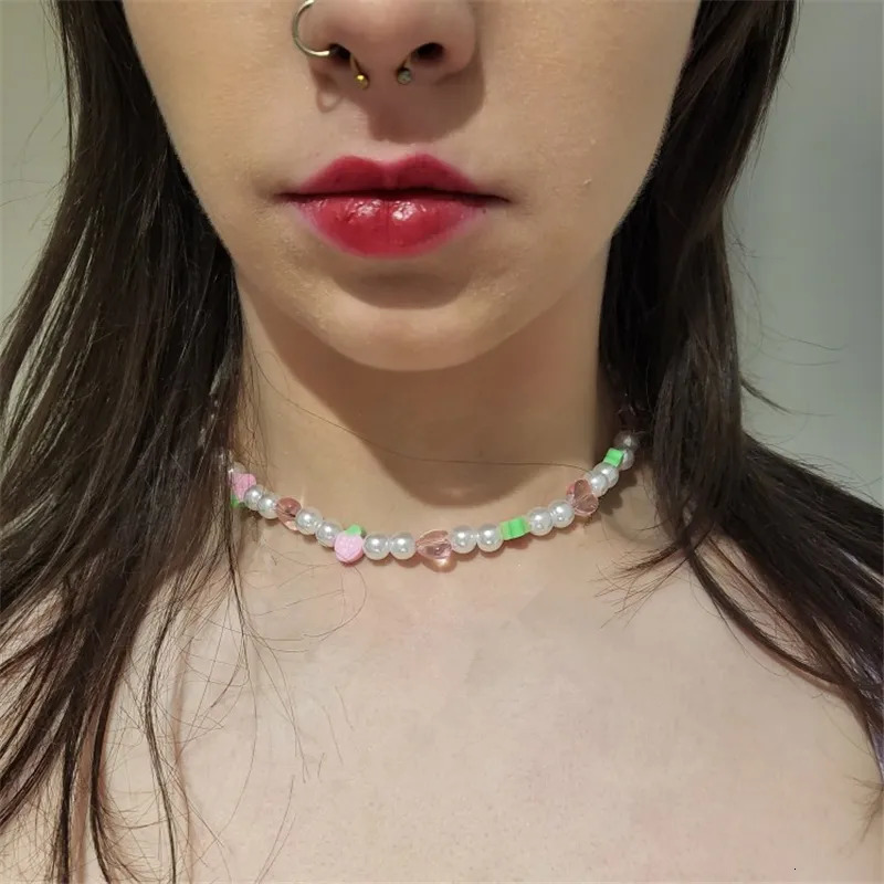 Chokers Goth Candy Color Pink Pearl Peach Heart Beaded Necklace For Female Harajuku Cute Egirl Party Y2K Jewelry Accessory Gift 231006