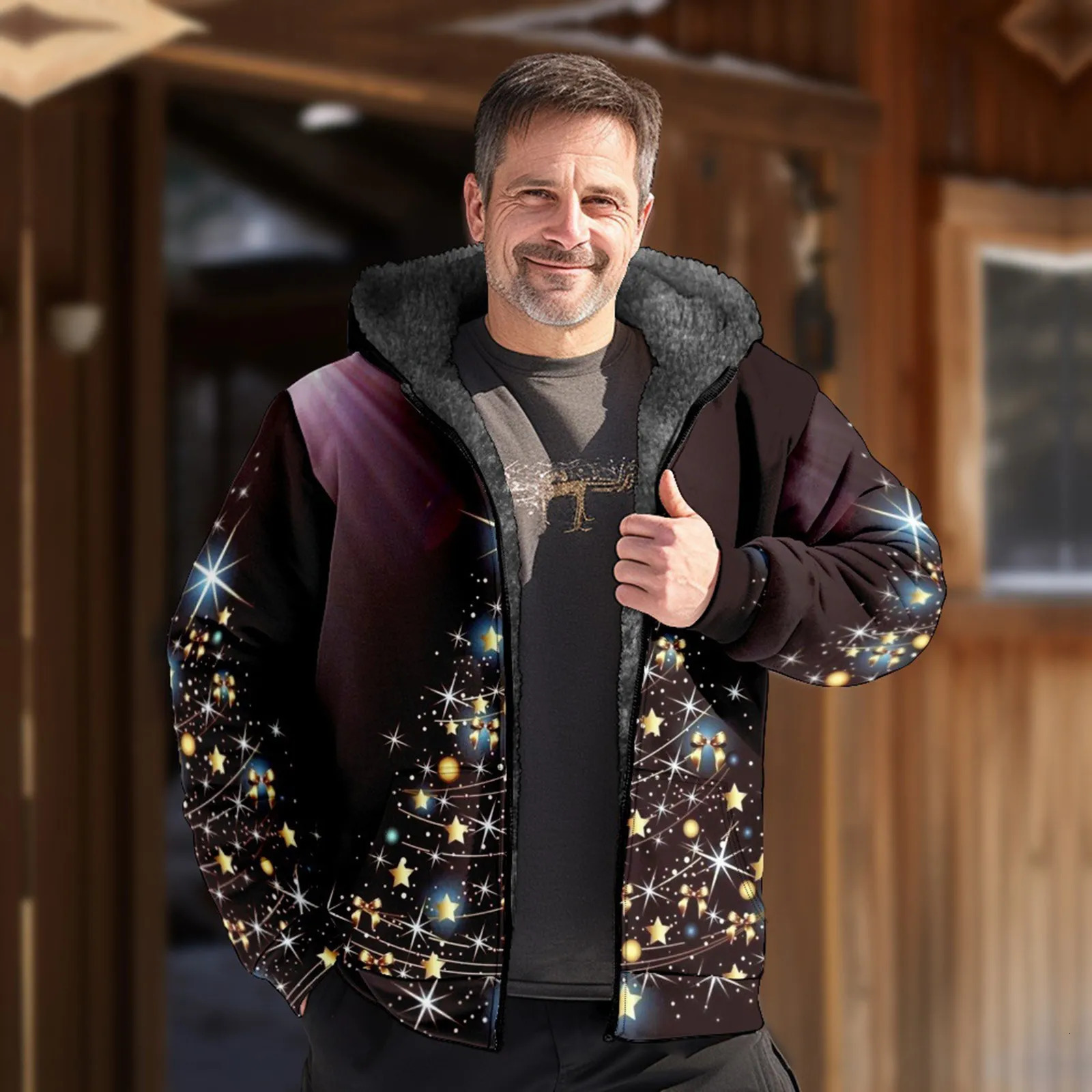 Men's Down Parkas Christmas Print Jacket Stylish Men Plush Lining Dressing Temperament Windproof Fleeced Lined Windbreaker Coat 231005