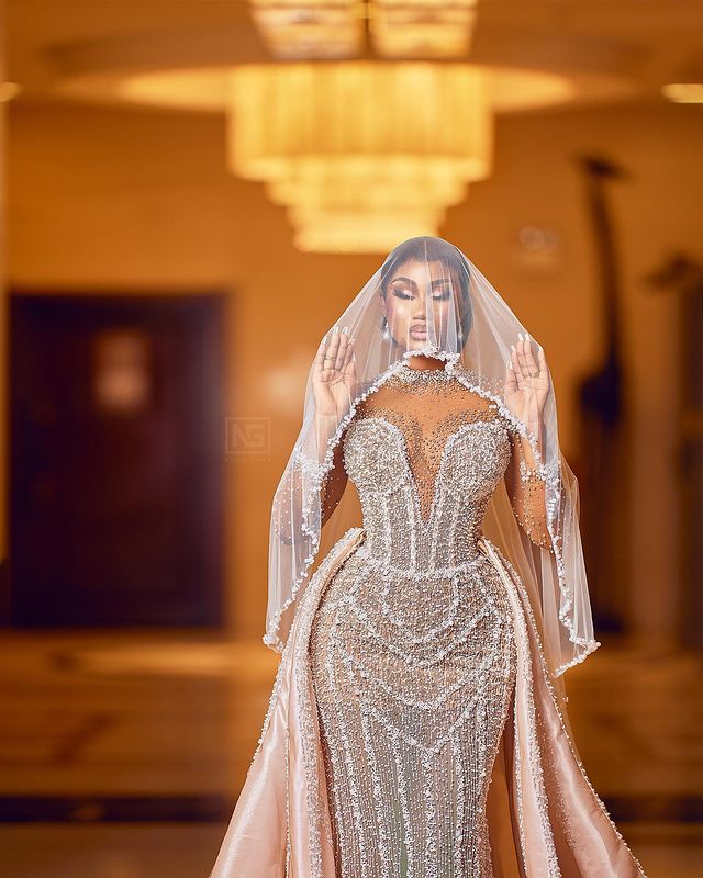 2023 Oct Arabic Aso Ebi Plus Size Champagne Mermaid Wedding Dress For Bride Pearls Beaded Sequined Lace Bridal Gowns Dresses ZJ045