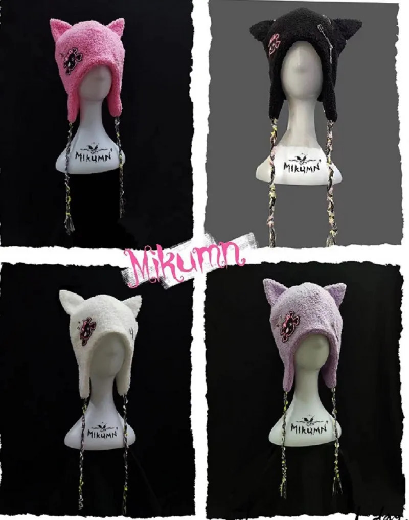 BeanieSkull Caps Mikumn Japanese Harajuku Kawaii Black White Skull Cat Ears Hats For Women Girl Winter Warm Lambswool Cute Beanie Caps 231006