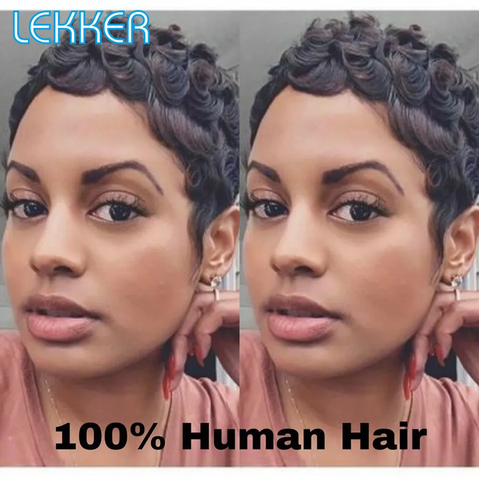 Synthetic Wigs Lekker 613 Blonde Short Pixie Curly Human Hair Wig For Women Finger Waves Bob Brazilian Remy Hair Glueless Colored Blue Wigs 231006