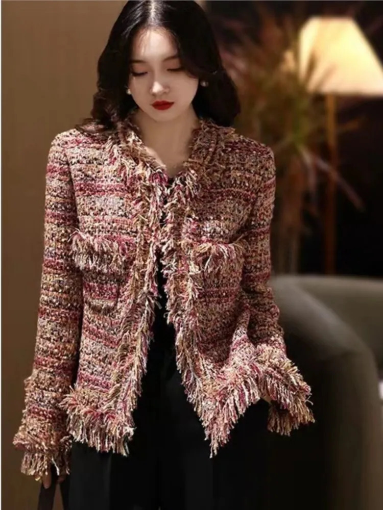 Women's Jackets Sparkling silk hand woven tassel edge chain with wool tweed short jacket 231006