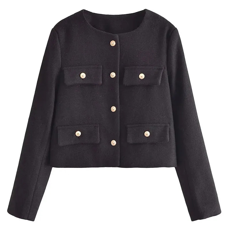 Women's Jackets TRAF Tweed Bomber Coat Demi-Season Jacket For Women Long Sleeve Top O-Neck Outerwear In Coats Chic And Elegant Woman Coat 231006