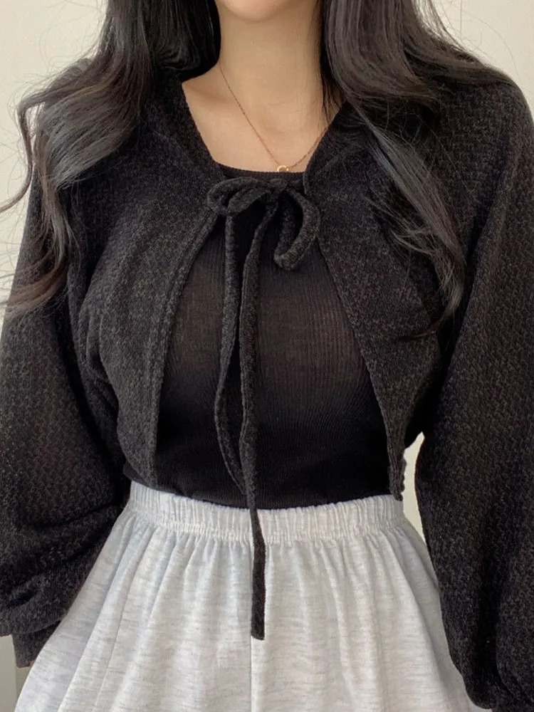 Women's Knits Tees Thin White Cardigan Women Summer Sunscreen Lace-up Knitwear Tops Lady Korean Style Casual Lantern Sleeve Short Sun Protected T