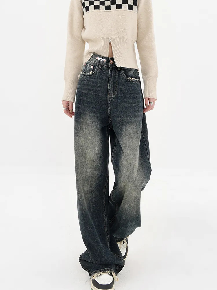 Womens Jeans American High Street Deep Blue Wide Leg Summer Slim Loose Straight Pants Waist befree plus size 231005