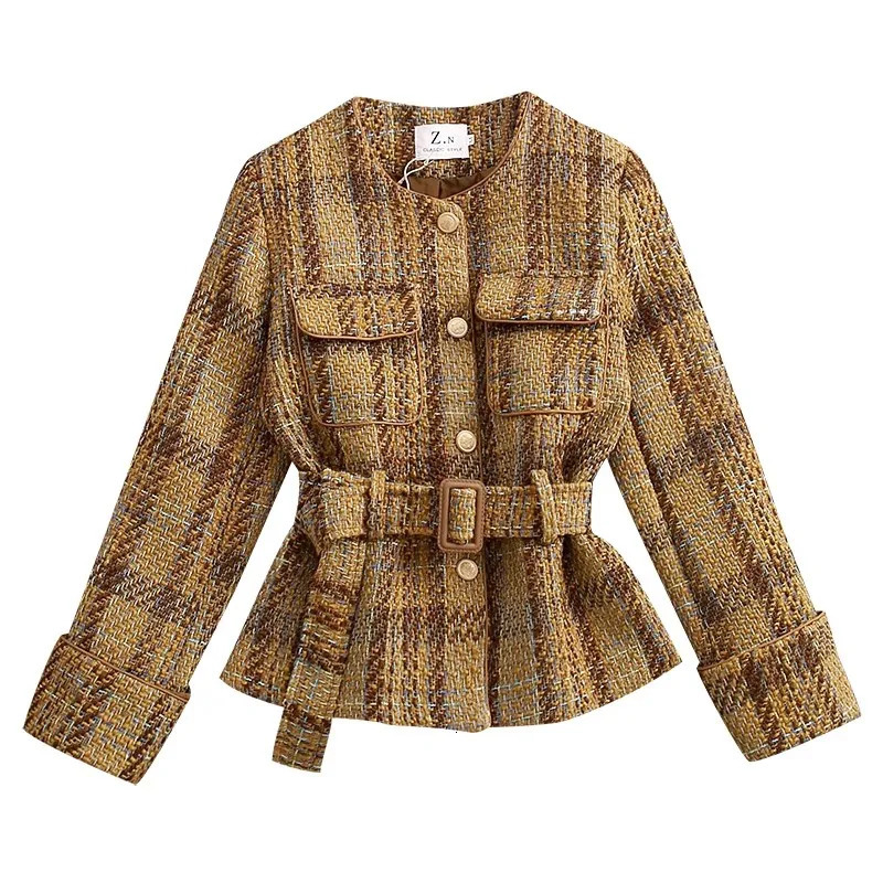 Women's Jackets Elegant Women Khaki Tweed Jacket Chic O-Neck Single Breasted Fashion Plaid Short Coat Pocket Belt Slim Woolen Jacket Female 23100
