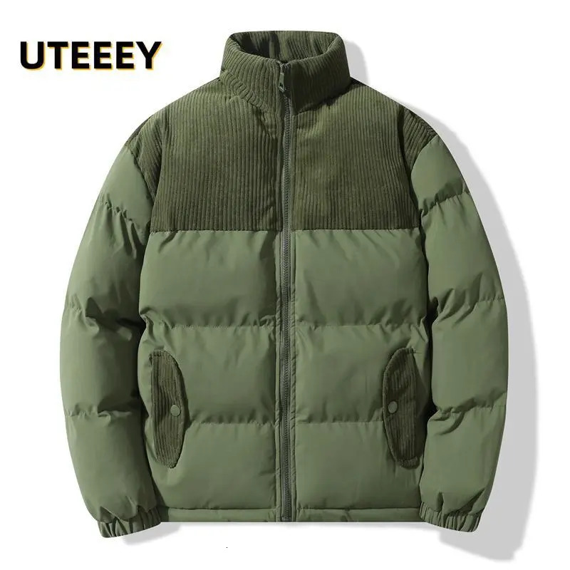 Men's Down Parkas 2023 Winter Jackets For Men Corduroy Patchwork Cotton Padding Outdoor Casual Stand Collar Loose Male Overcoat Coats 231005